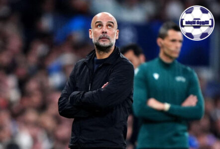 بيب جوارديولا يوجه لاعبيه بتعابير وجه جادة خلال مباراة مانشستر سيتي ضد ريال مدريد في دوري أبطال أوروبا.